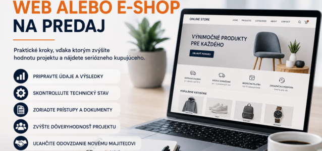 Titulný obrázok k článku o príprave webu alebo e-shopu na predaj s notebookom, kontrolným zoznamom, údajmi o návštevnosti, tržbách, nákladoch, technickom stave a odovzdaní projektu.