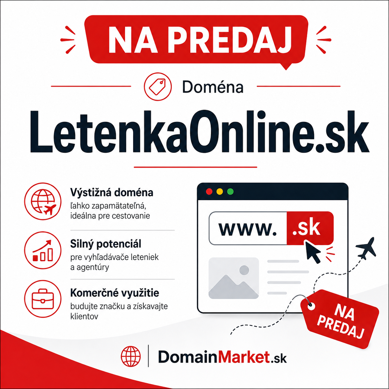 Grafika s textom Na predaj pre doménu LetenkaOnline.sk, doplnená ikonami cestovania, webovým oknom so symbolom .sk a logom DomainMarket.sk