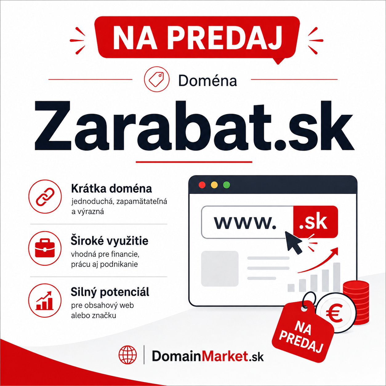 Grafika s textom Na predaj pre doménu Zarabat.sk, doplnená ikonami financií, rastu, podnikania, webovým oknom so symbolom .sk a logom DomainMarket.sk