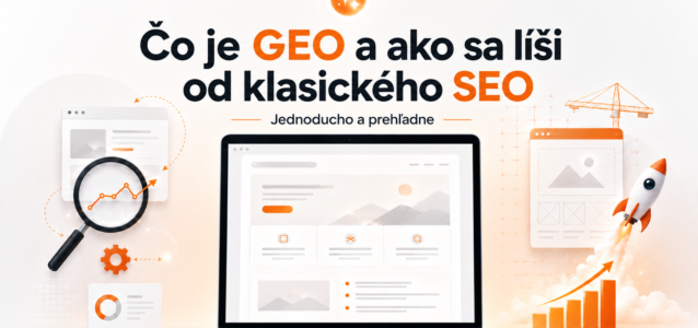 Titulný obrázok k článku o rozdieloch medzi GEO a klasickým SEO s notebookom, analýzou webu, rastúcim grafom a prvkami umelej inteligencie.
